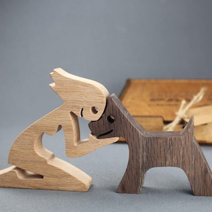 Unique Wood Sculpture of Woman and Dog - Handmade Art Figurine Gift