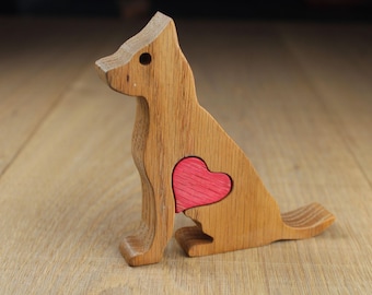 Wooden German Shepherd Figurine With Heart – Handcrafted Oak Pet Memorial Tribute Gift