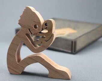 Handcrafted Oak Father Child Sculpture Minimalist Wooden Keepsake Art Gift for New Dads Family