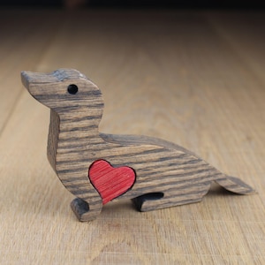 Handcrafted Oak Dachshund Figurine with Heart, Wooden Dog Sculpture, Pet Memorial Gift, Dog Lover Keepsake & Sentimental Home Decor Accent