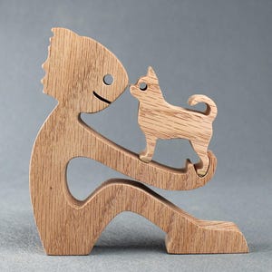 Wooden Man and Chihuahua Figurine - Handcrafted Dog Lover Gift Scroll Saw Art Sentimental Chihuahua Owner Decor