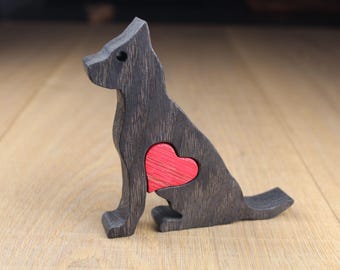 Handcrafted Oak German Shepherd Figurine with Heart - Pet Memorial Gift