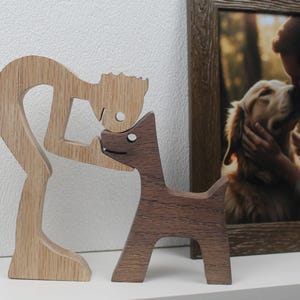 Handcrafted Oak Sculpture: Man and Dog Figurine - Rustic Home Decor Art Piece for Sentimental Gift