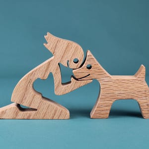 Handcrafted Oak Girl with Dog Figurine - Minimalist Wooden Sculpture Gift for Dog Lovers, Scroll Saw Art