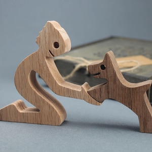 Wooden Man and Dog Sculpture Handcrafted - Minimalist Art Figurine Gift Pet Lovers Sentimental Home Decor