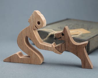 Handcrafted Wooden Man and Dog Sculpture: Sentimental Pet Lover Gift