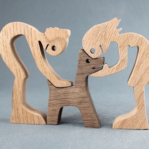 Oak Couple & Dog Handcrafted Figurine Set - Elegant Wooden Sculptures Pet Lovers Gift Home Decor Scroll Saw Art