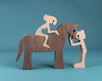 Handcrafted Oak Horse & Couple Sculpture: Romantic Equestrian Keepsake