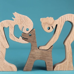 Elegant Oak Figurine Set: Handcrafted Dog & Couple Sculpture - Romantic Wood Art Gift for Lovers