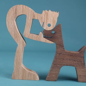 Oak Sculpture Man Dog Figurine - Handcrafted Wooden Art Piece Sentimental Home Decor Gift Scroll Saw Art