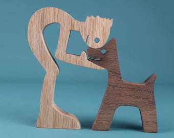 Oak Sculpture: Handcrafted Man and Dog Figurine - Sentimental Art