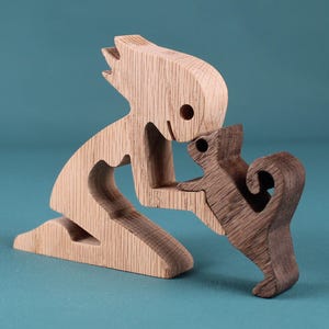 Handcrafted Minimalist Wooden Art Sculpture of Girl and Cat for Unique Decor and Gift Idea