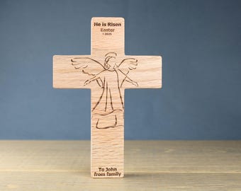 Customized Wooden Cross Engraved - Christian Keepsake Baptism First Communion Religious Decor Gift Art