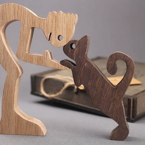 Natural Oak Wooden Sculpture of Man and Cat