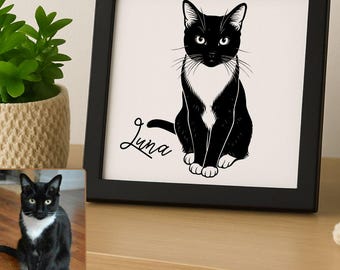 Op de afbeelding: Een ingelijste zwart-wit illustratie van een kat met witte aftekeningen op borst en poten. De kat zit rechtop met zijn staart gekruld. De naam "Luna" staat eronder in cursief. Een kleinere foto van de kat staat linksonder.