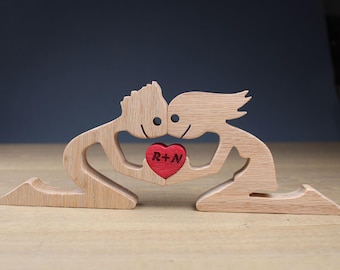 Wooden Couple Sculpture: Handcrafted Romantic Figurine Art for Wedding, Anniversary, Home Decor & Personalized Gift for Couples