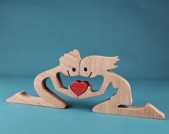 Handcrafted Wooden Couple Sculpture: Romantic Anniversary Keepsake, Wedding Gift, Home Decor Art