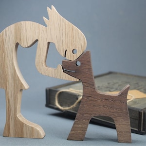 Handcrafted Wooden Woman and Dog Figurine – Minimalist Oak Art for Dog Lovers, Sentimental Gift, Scroll Saw Décor & Thoughtful Wood Present