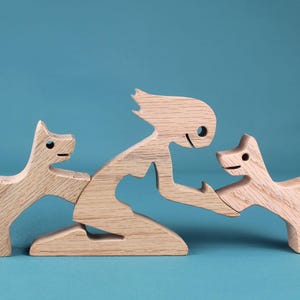 Artisanal Wooden Woman with Dogs Sculpture – Handcrafted Figurine, Sentimental Dog Lover Gift & Minimalist Home Decor Art