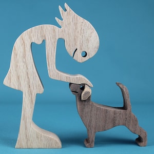 Handcrafted Wooden Girl and Beagle Sculpture – Dog Lover Gift, Wooden Beagle Figurine, Sentimental Home Decor for Pet Owners