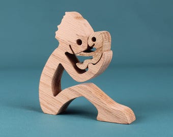 Handcrafted Oak Father-Child Sculpture - Minimalist Wooden New Dad Gift Family Figurine Keepsake Art