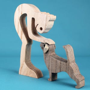 Minimalist Wooden Man and Beagle Statuette – Handcrafted Dog Figurine, Scroll Saw Art Gift for Beagle Lover & Home Decor