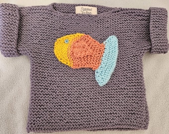 Go Fish Handknit infant's sweater, easy care acrylic yarn, soft, stretchy, size 12-18 mos, bright colored fish applique, free shipping