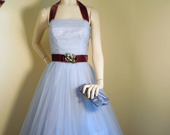 Vintage 1950s Chiffon Prom Gown, Small Corsage Detail