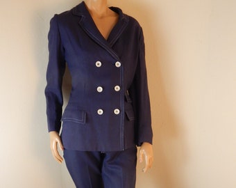 womens linen pantsuit, lined, navy blue suit, small, Jack Fin New York, I magnin