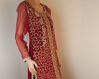 Red velvet sequin Dress,  Red and gold India dress,