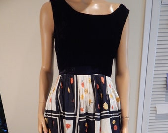 vtg 60s DRESS, velvet bodice, rayon skirt