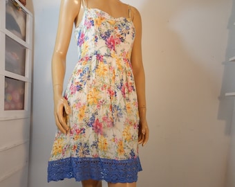 Vintage 80s Floral Rayon Dress, Boho Cottagecore with Crochet Lace Hem