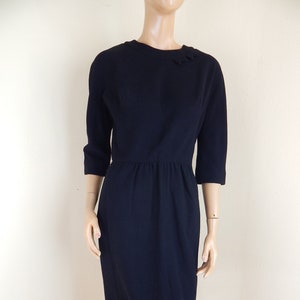 vintage black wool dress, 1950s black dress, french room label, Vintage 1950s, bust 38