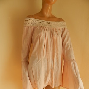 Womens hippie top, off the shoulder, rayon blouse, blush pink with lace