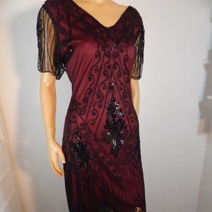 Vintage 90s black sequin dress with fringe, red lining, great gatsby beaded dress New stock