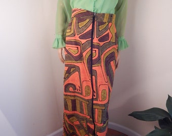 hawaiian skirt, 70 style hawaiiana skirt, front zipper