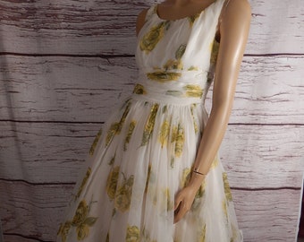 vintage chiffon floral dress, yellow roses,1950s dress