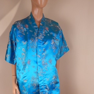 vintage 80s turquoise robe satin, chinoiserie, kimono, kimono robe