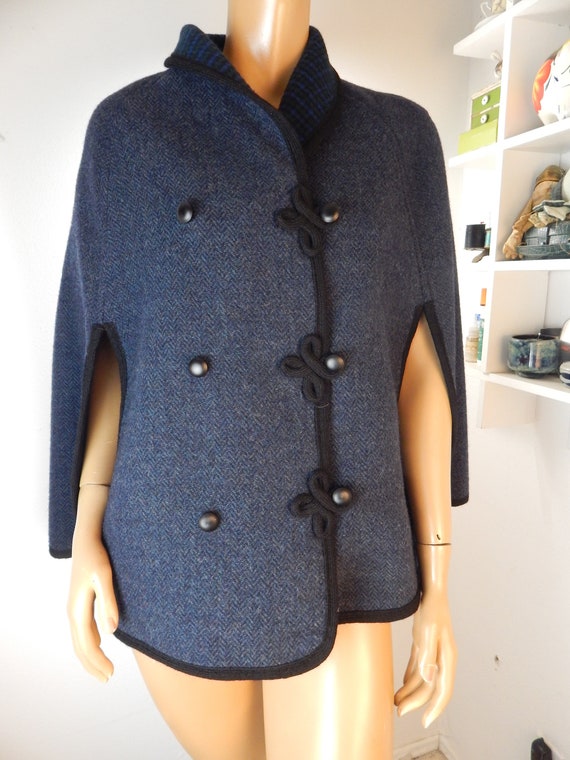 Vintage reversible wool plaid cape, navy blue cape