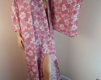 Vintage Japanese Rayon Kimono: Long Asian Robe with Satin Belt