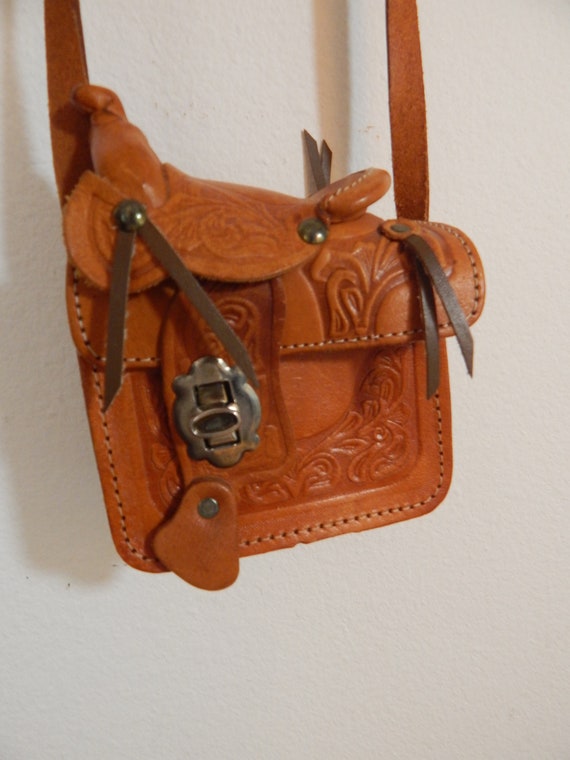 Miniature saddle purse, Vintage tooled leather pur