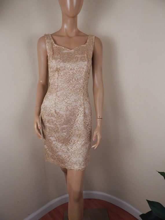 vintage gold dress. lace dress, 50s dress, gold la