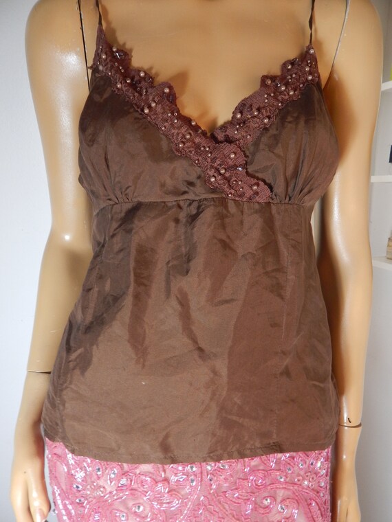 Brown silk Camisole with beading, pearls and lace.