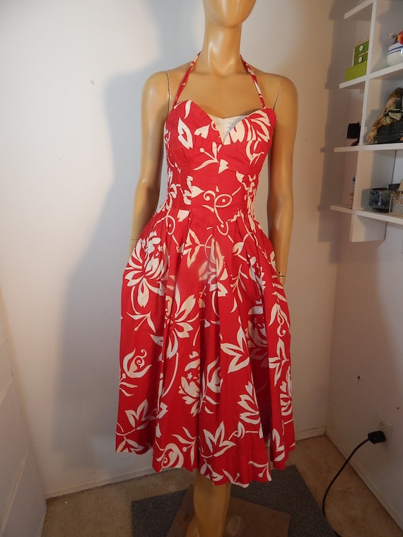 Vintage 50s 1950s Alfred Shaheen Hawaiian dress, smocking, 1950s