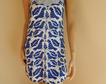 womens Handmade embroidered mexican dress, womens silk OTOMI blue dress