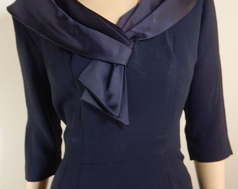 vintage 50s rayon crepe and satin black dress,