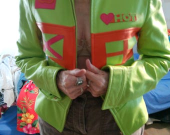 Vintage Escada Leather Jacket, 1990s Neon Moto Style, Size Small