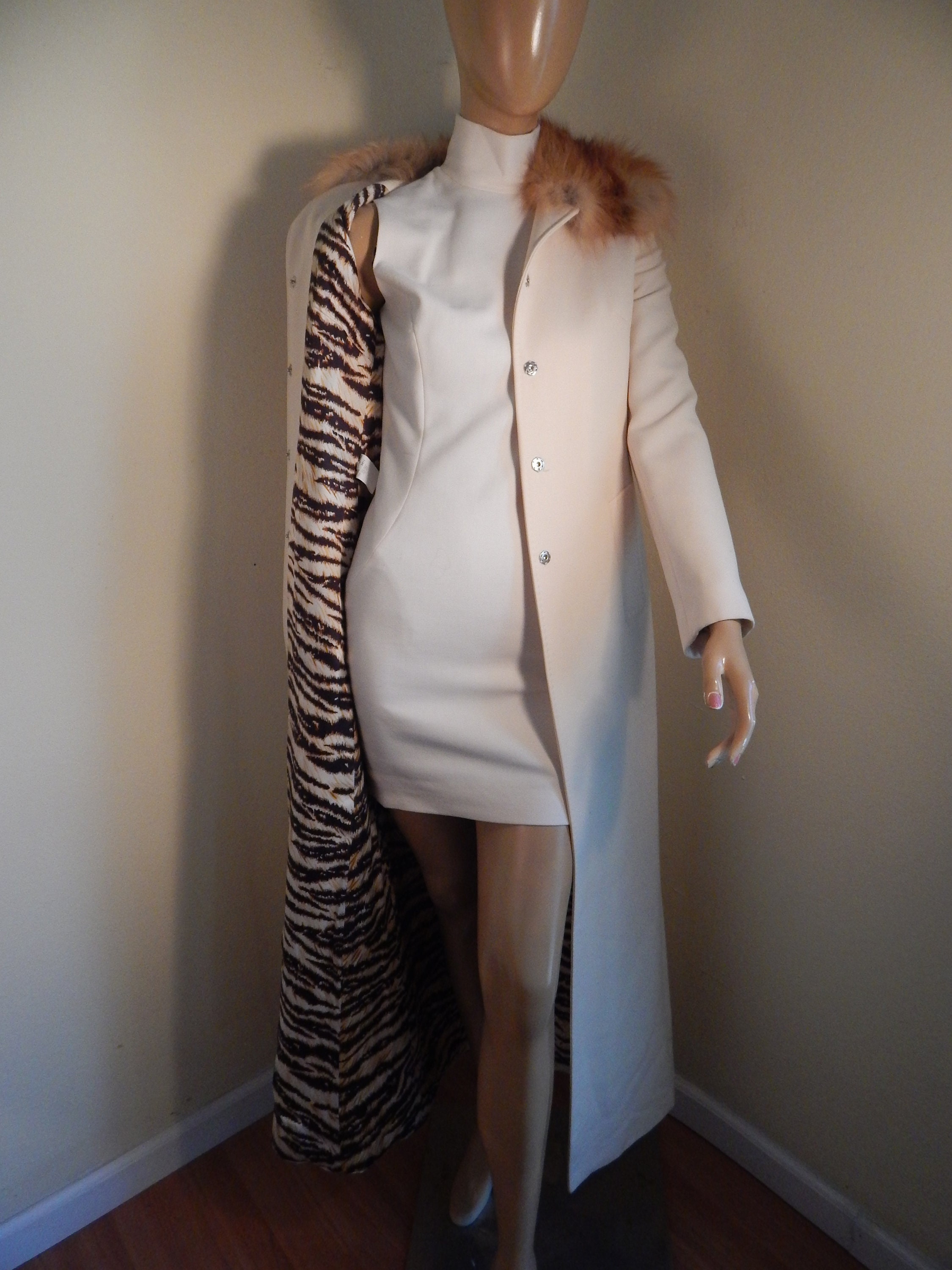 Vintage 90s Dolce & Gabbana Wool Coat, Fur Collar, Tiger Print