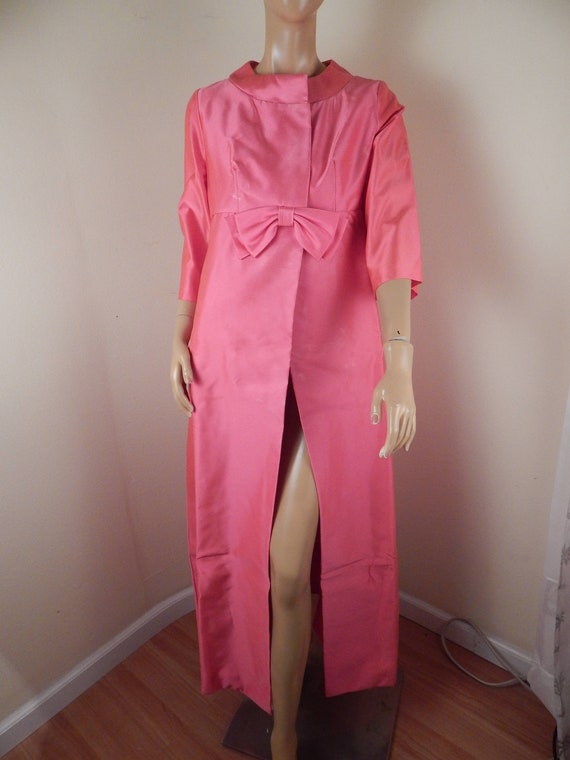 pink satin robe, house coat, hostess, gown, struct