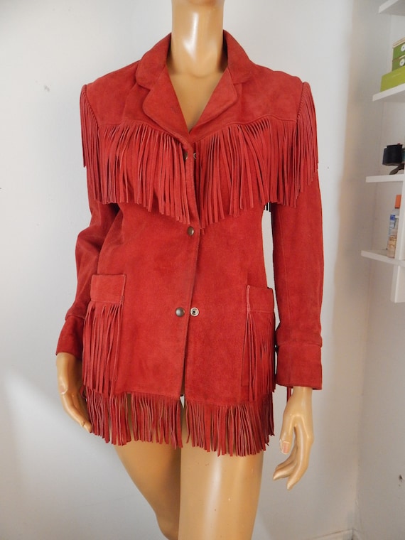 Red fringed suede jacket fringed, womens small Vin